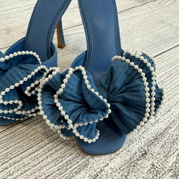 Venita Aspen For Gianni Bini Harlow Blue Ruffle Pearl Bow Heels Size 9 - Picture 7 of 10